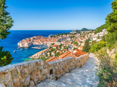 Dubrovnik, Croatia: Panoramic view of the old town on the shores of the Adriatic Sea' small coastal town on the Croatian Mediterranean riviera